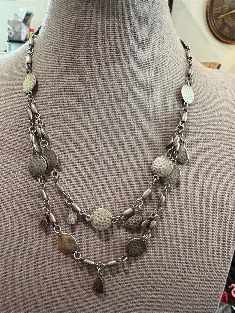 Premiere Designs hammered disc double chain silvertone necklace. Layered